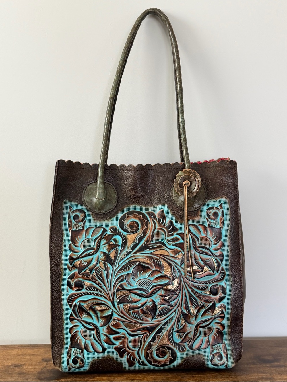 Patricia Nash Cavo Tooled Turquoise Leather Tote Bag Floral Western